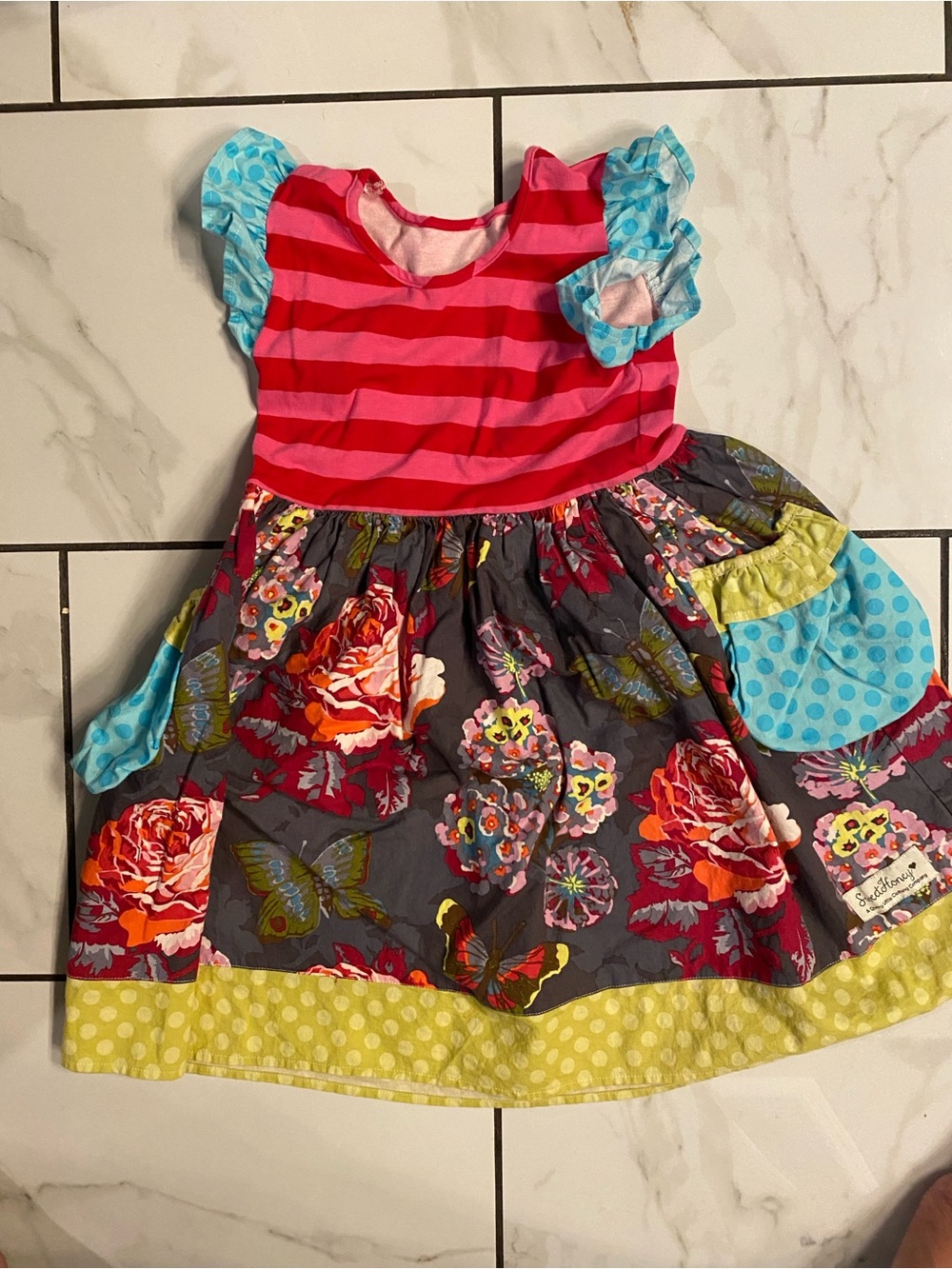 SweetHoney Pink and Red Striped Bodice Floral Patchwork Butterfly Dress size 8